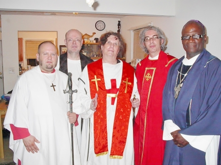 L-R Tau Nicetas, Tau Roger, T Allen Greenfield. Abba Dositheos, Tau Mikael Basilides, in cross consecration, May 23-24 2014 Acworth GA